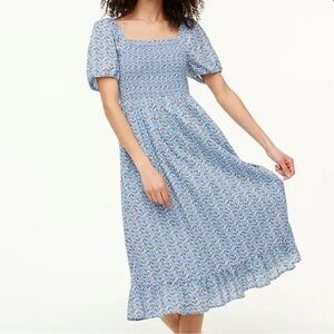 J CREW Smocked Block Print Midi Dress with Puff Sleeves